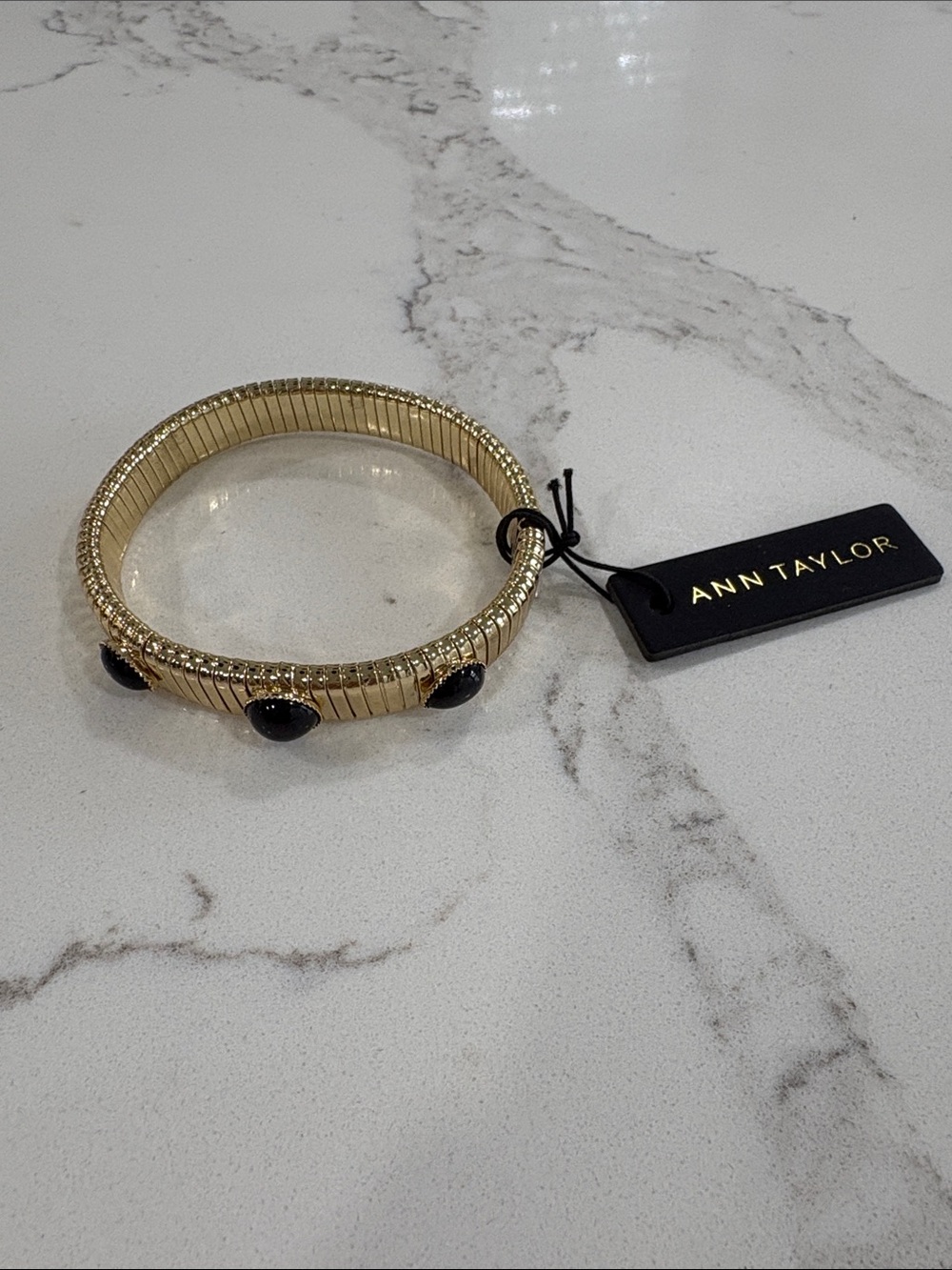 Ann Taylor Gold Stretch Bracelet with Black Stone Cabochons
